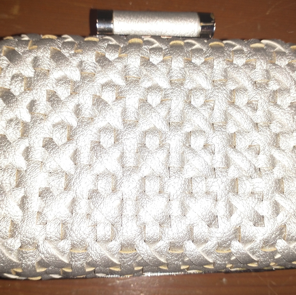 Silver genuine leather basket weave evening bag